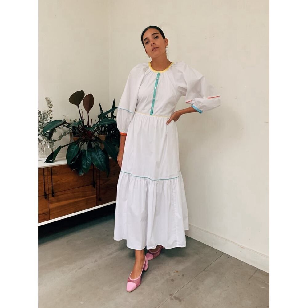 STAUD Demi Dress Womens White PoplinβRainbow Stitching Maxi Tiered Cotton Medium - Picture 3 of 10